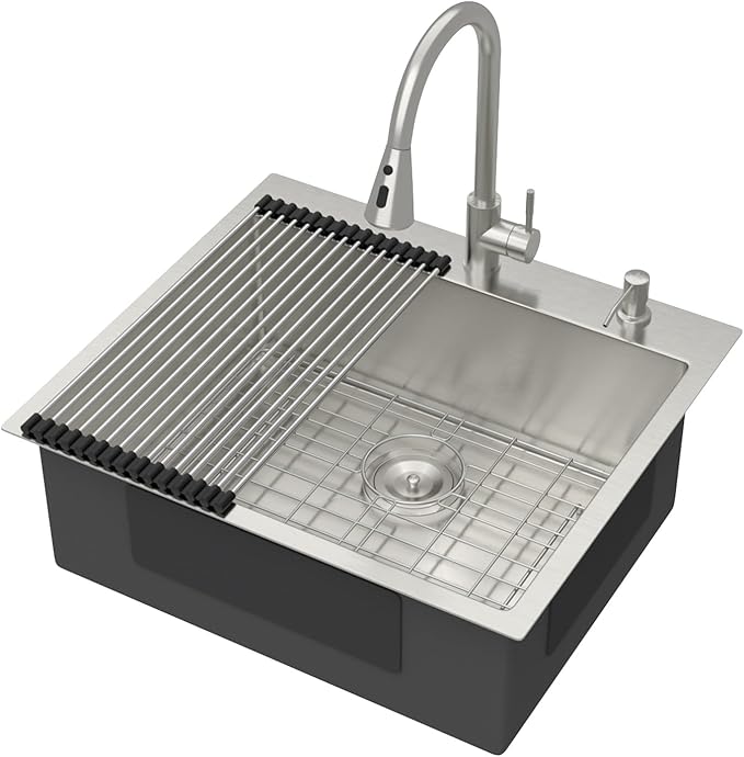 25 Inch Drop In Kitchen Sink with Faucet - 25x22 Drop in Kitchen Sink Premium 16 Gauge 304 Stainless Steel Topmount Single Bowl Sinks with Accessories #TLT-0016