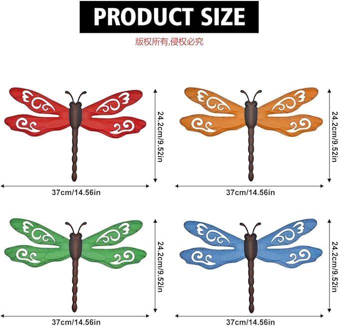 Metal Dragonfly Wall Decor, 4 Pack 14inch Retro Metal Dragonfly Wall Hanging Sculpture Decor for Outdoor, Yard Patio Fence Garden Outside Decorations