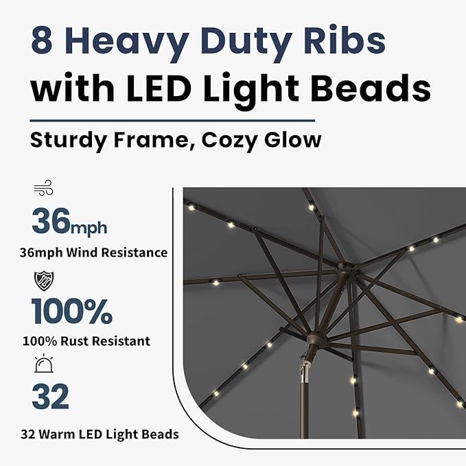 10FT Solar Umbrella 32 LED Lighted Patio Umbrella Table Market Umbrella w/Tilt and Crank, UV-Resistant Outdoor Umbrella for Pool, Garden, Deck, Gray