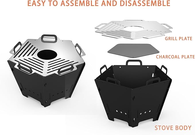Onlyfire 2 in 1 BBQ Charcoal Grill & Fire Pit, Foldable Camp Grill with Stainless Steel Cooking Grate, Portable Outdoor Firepit for Camping Backyard Patio RV Car Trip Tailgating, Pentagon, GS357