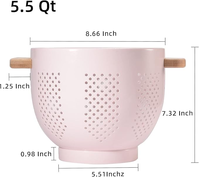 Metal Colander with Wood Handle and Stable Base, Powder Coated Steel Kitchen Strainer Basket for Draining Pasta, Vegetable and fruit(5.5quart,Pink)