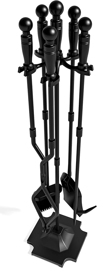 Fire Beauty Fireplace Tools, 5 Pieces Fireside Accessories Fire Kit Set,Woodstove Tools Holder Wrought Iron Handle Indoor Fireset Stand (32 Inches)