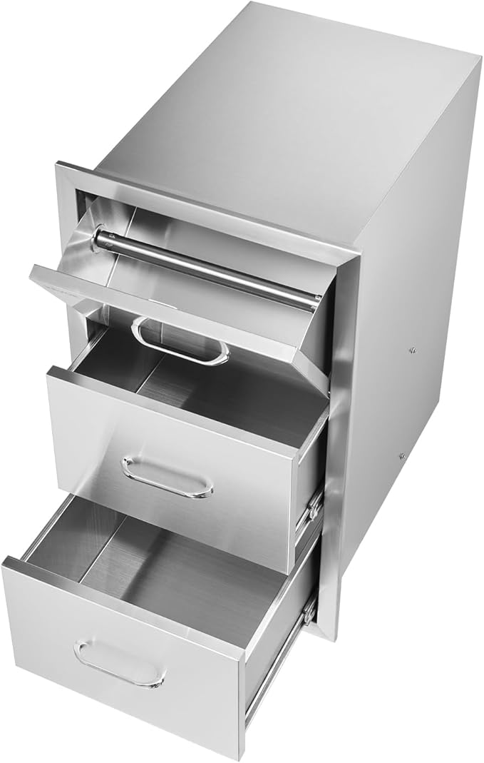 VEVOR 17W x 30H x 21D Inch Outdoor Kitchen Stainless Steel Double Access Drawers with Paper Towel Holder Combo for BBQ Island or Grill Station