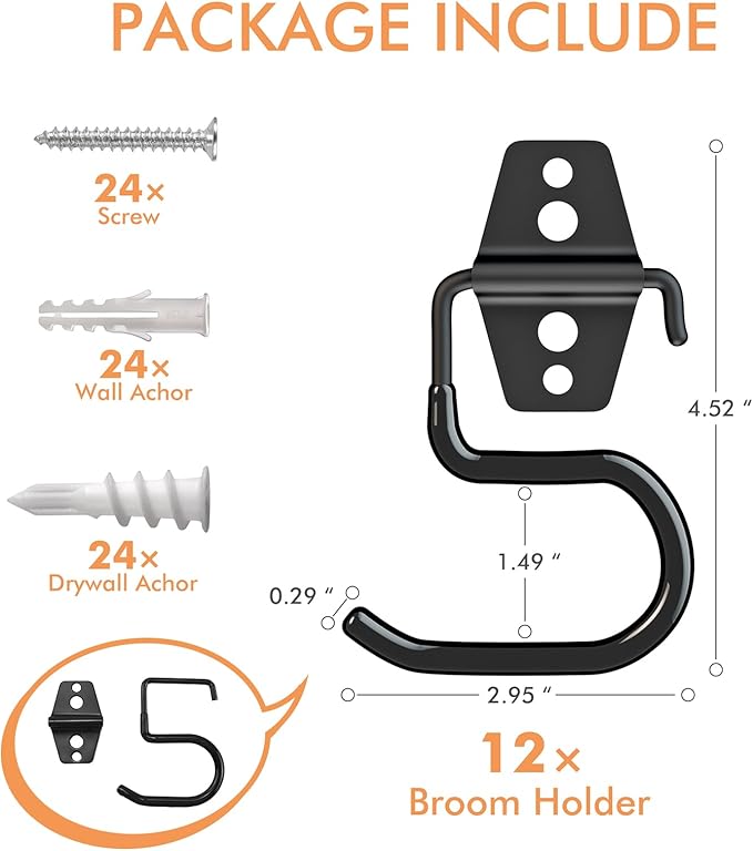 LIGHT DUST Broom Holder Wall Mount - 12 Pack Tool Hangers Garage Wall Hanging Organizer - Heavy Duty Metal Large S Hooks for Mop Shovel Rake Shed Garden Lawn Yard Handle Tools Organization (Black)