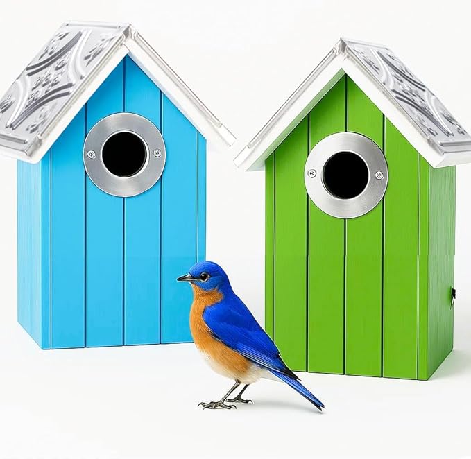 2PK Cedar Bluebird House, Wooden Bird House for Outside, 1.5" Entrance Hole Size, Stainless Steel Entrance Hole Protector, Silver Metal Roof, Colorful Garden Decorative (Green+Blue) Updated Version