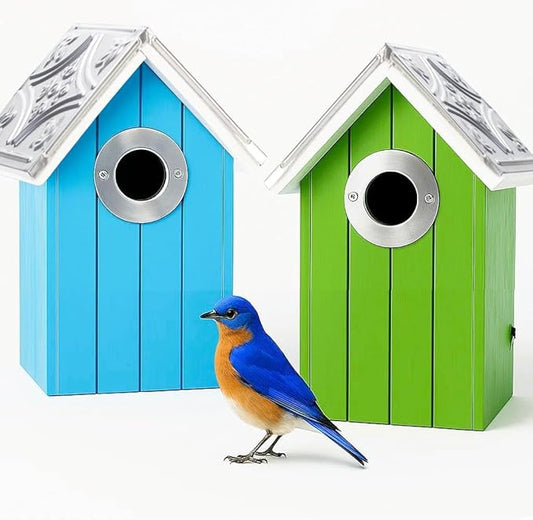 2PK Cedar Bluebird House, Wooden Bird House for Outside, 1.5" Entrance Hole Size, Stainless Steel Entrance Hole Protector, Silver Metal Roof, Colorful Garden Decorative (Green+Blue) Updated Version