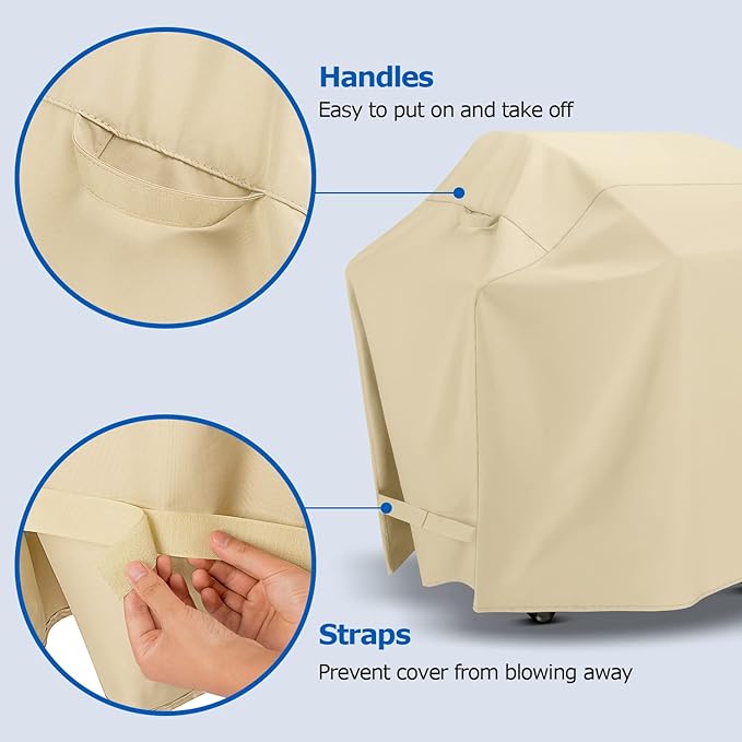 SunPatio Grill Cover 58 Inch, Heavy Duty Waterproof Barbecue Cover, Outdoor Charcoal Gas Grill Protector, All Weather Protection Compatible for Weber Char-Broil Nexgrill Kenmore and More, Beige