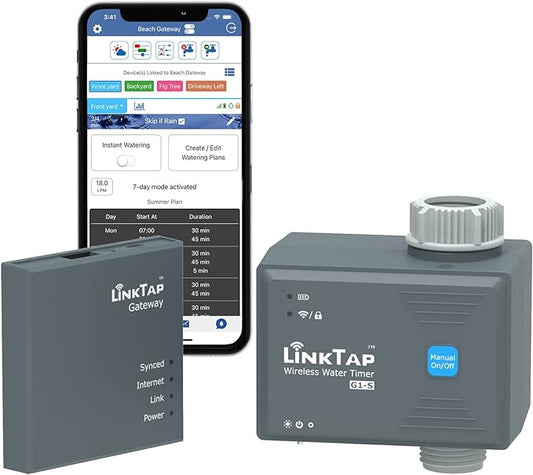 LinkTap G1S Wireless Water Timer & Gateway - Smart Sprinkler Timer with App, Remote Irrigation for Garden, Weather Aware, Greater Range than WiFi, Manual Control & Digital Lockout, 2 Year Battery Life