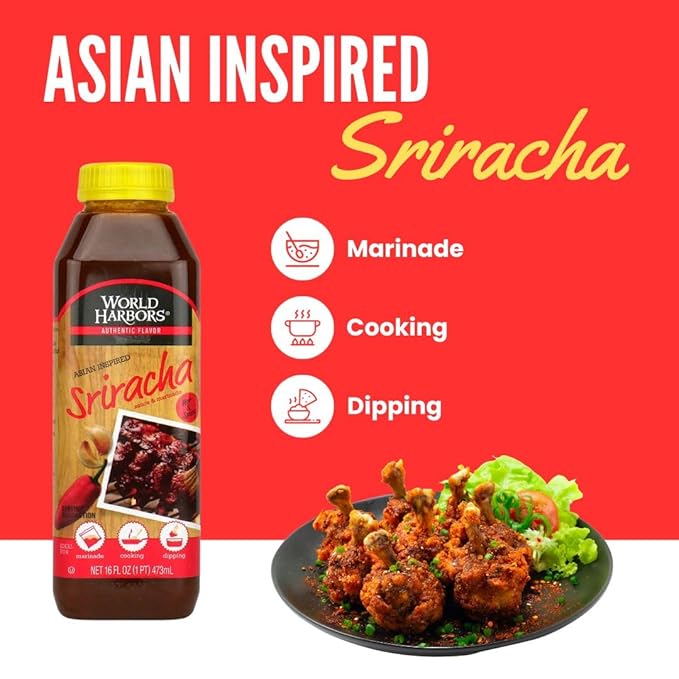 World Harbors Sriracha Hot Sauce & Marinade Perfect for Grilled Meats, Seafood, Dipping, Marinades & Garnishes - Enhance Your Meals with Sriracha Sauce Original Made in USA 16-Fl Oz Bottle (Pack of 2)