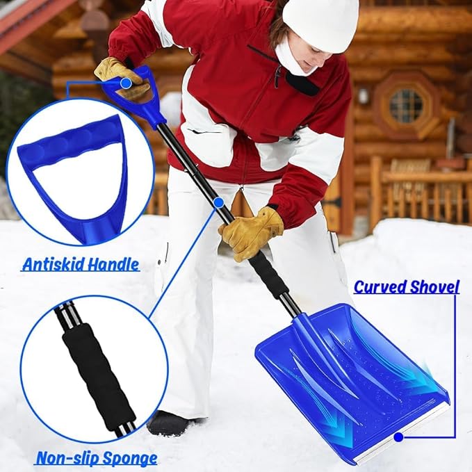 Snow Shovel, New Upgrade Snow Shovels for Car Driveway Snow Removal, Lightweight Portable Adjustable Large Capacity Shovel Perfect for Garden and Emergency(Blue)