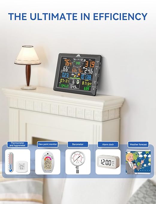 14-in-1 Wireless Weather Station with Outdoor Wireless Sensor,Radio-Controlled Clock,Rain Gauge,Wind Speed/Direction,Moon Phase,Wind Chill Index,Outdoor Dew Point,Barometer(NO WiFi)