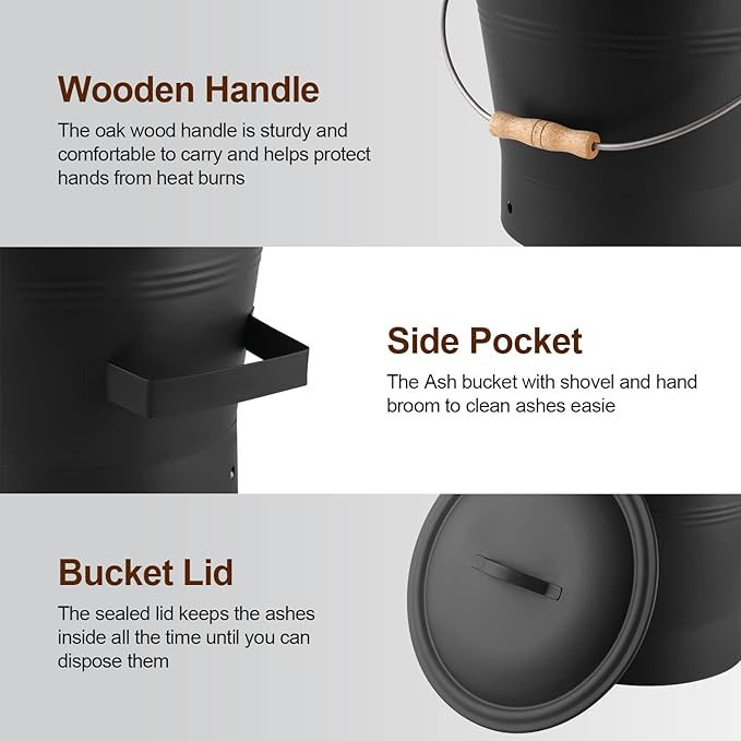 Ash Bucket with Lid, Shovel and Hand Broom, 2.6 Gallon Fireplace Metal Bucket Reinforced Base & Ash Can, Fire Pit,Wood Burning Stove for Fireplace, (Ash Bucket-2.6Gallon)