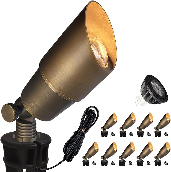 COLOER Brass Landscape Spotlights,10 Pack Spot Lights Outdoor with 5W Aluminum Housing MR16 LED Bulb 2700K 450LM,12V AC/DC Low Voltage Outdoor Lighting for Yard,Uplight for Garden and Patio(101B)
