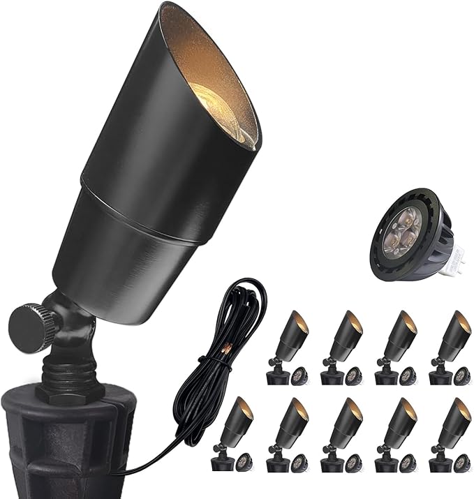 COLOER Die-cast Brass Landscape Spotlight(Black) 10-Pack with 5W Aluminum Housing MR16 LED Bulb 2700K 450LM CRI85+,12V AC/DC Low Voltage Outdoor Uplighting, Garden Patio Spot Up Light(101B-Black)