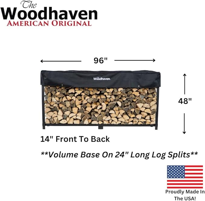 Woodhaven 8 Foot 1/2 Cord Firewood Log Rack With Optional Cover - Made In USA - Outdoor Use Lifetime Structural Warranty - Black Texture Powder Coat Finish - Made With Heavy Duty Steel