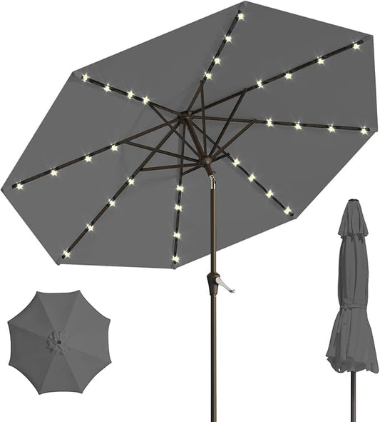 10FT Solar Umbrella 32 LED Lighted Patio Umbrella Table Market Umbrella w/Tilt and Crank, UV-Resistant Outdoor Umbrella for Pool, Garden, Deck, Gray