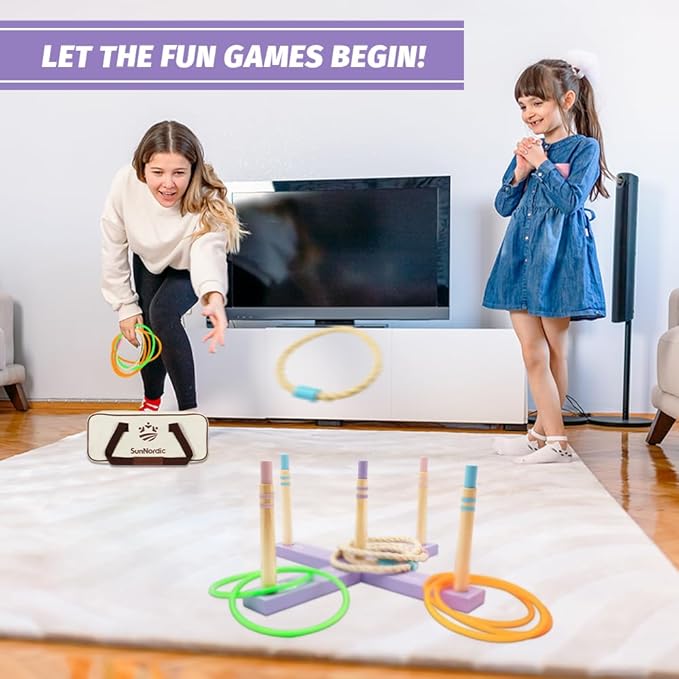 Wooden Ring Toss Game Set, Backyard Beach Camping Game with Toss Rings & Portable Carrying Bag, Outdoor Lawn & Yard Games for Kids, Adults & Family