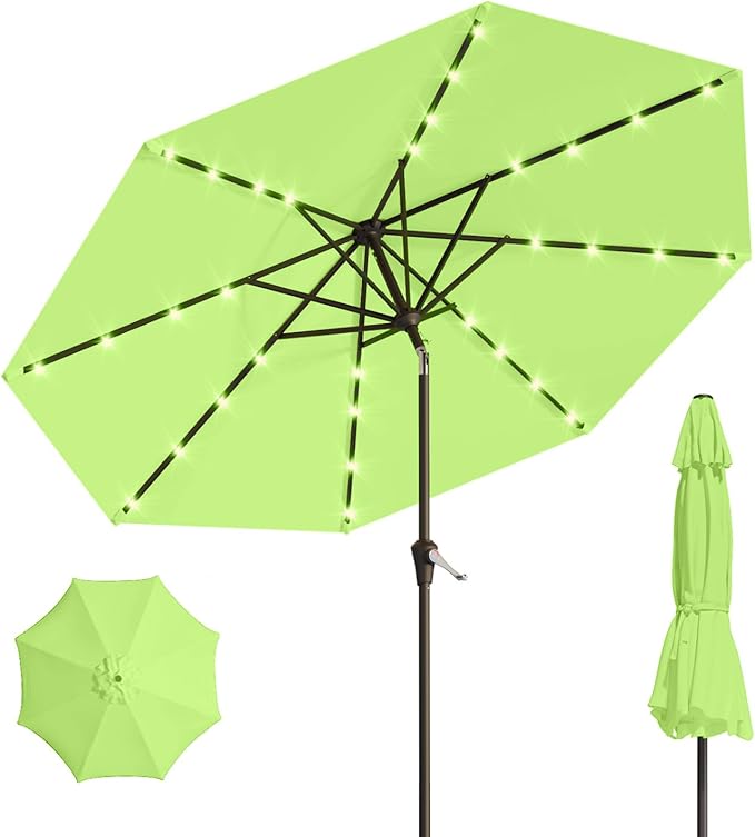 10FT Solar Umbrella 32 LED Lighted Patio Umbrella Table Market Umbrella w/Tilt and Crank, UV-Resistant Outdoor Umbrella for Pool, Garden, Deck, Apple Green