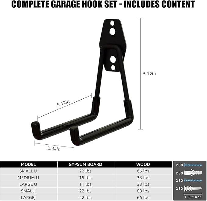 Garage Hooks, 6 Pack Medium Square Wall Hooks for Hanging Heavy Duty Ladders, Bikes, Tools Ideal for Garage, Garden, Basement Utility Room Storage (Black)