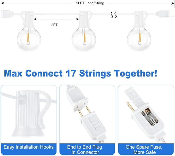 100ft 2-Pack Outdoor G40 LED Globe String Lights Dimmable Shatterproof Waterproof Light Strings with 52 Bulbs Connectable Commercial Hanging Lights for Patio Balcony Backyard Party (White Wire)