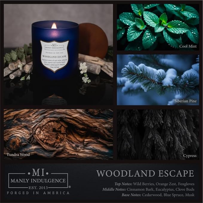 Manly Indulgence Woodland Escape Scented Candles for Men, 15 oz Wooden Wick, Premium Soy Blend Wax, 60H Burn, Candles for Home Scented - Made in The USA