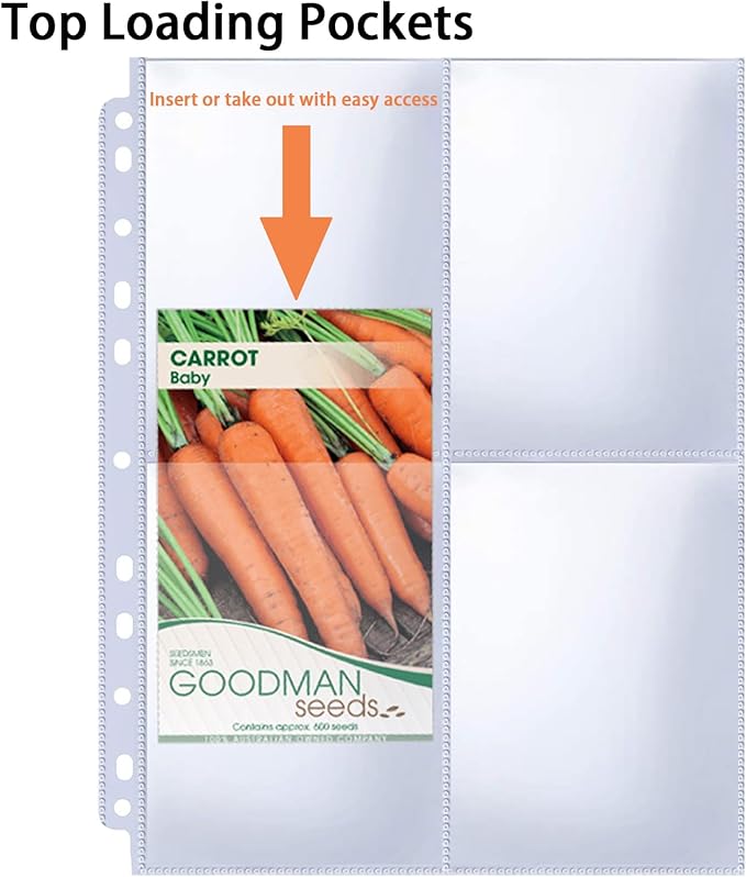 240 Pockets 3.5x5” Seed Packet Sleeves, 30 Pack Double Sided 4 Pocket Seed Organizer Sheet,Heavy Duty Garden Seeds Storage Pages for 3 Ring Binder, 8.5x11” Top Loading Clear Photo, Index Card Sleeves