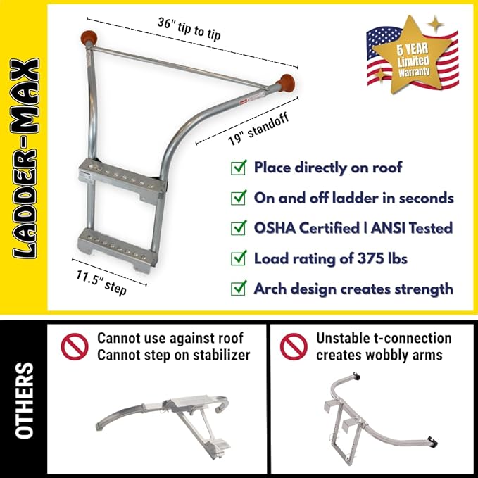 Stabilizer - Extension Ladder Stabilizer for Roof and Wall - Gutter Protector Attachment Hooks to and fits Most Ladders - Stability and Safety - Heavy Duty Ladder Standoff Tool