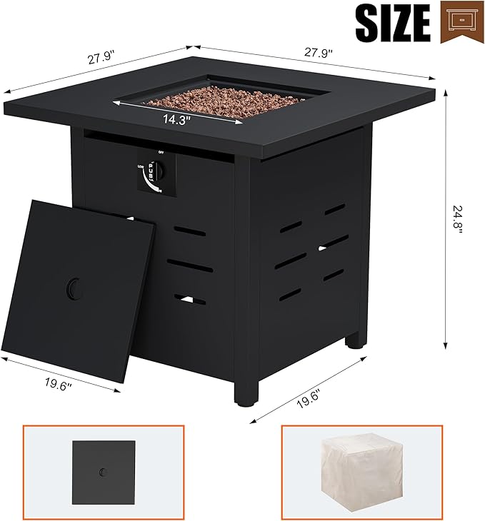 Walsunny 28 inch Outdoor Propane Fire Pit 40,000 BTU Gas Fire Pit Table with Lid & Lava Rock, Waterproof Cover, Square Gas Firepit Table for Garden/Patio, CSA Certification