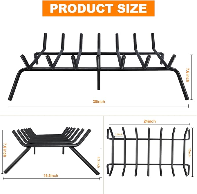 Fireplace Grate,Fireplace Log Holder,30 inch Heavy Duty Solid Cast Iron FIrewood Log Burning Rack for Inside The Fireplace Accessories Outood Fire Pit Kindling Fireplace Tools