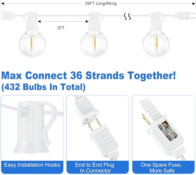 Outdoor G40 LED Globe String Lights 25FT Dimmable Shatterproof Waterproof Patio Lights with 12+2 Bulbs Connectable Commercial Hanging Light for Patio Balcony Backyard Party (White Wire)