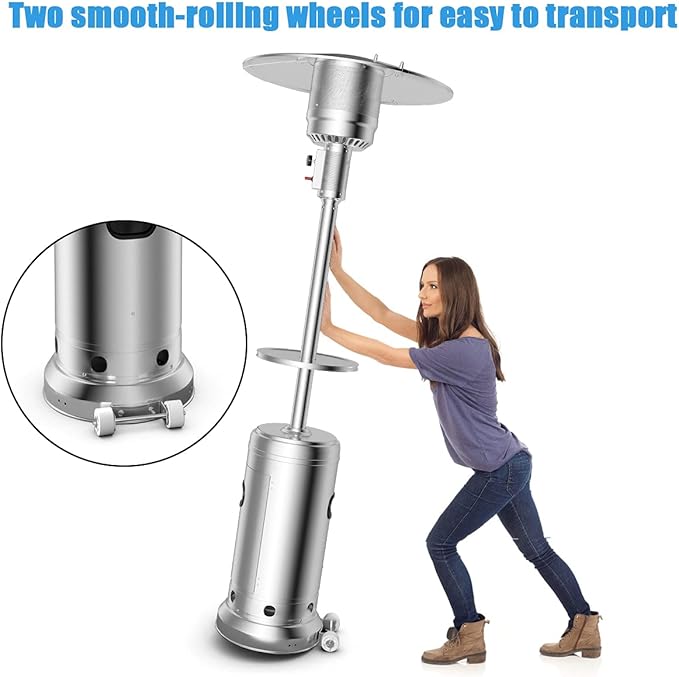 Tangkula 48,000 BTU Propane Heater with Wheels, Outdoor Heater with Shelf Tabletop, Stainless Steel Burner, Auto Shut Off & Tip-Over Protection, Portable Patio Heater for Outdoor Use