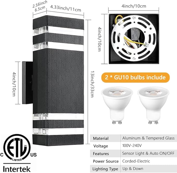 SHIMR Modern Outdoor Wall Lights with Dusk to Dawn Sensor, Outdoor Light Fixture Wall Mount with GU10 Bulbs, Square Up and Down Lights for House Porch Front Door 13" Height [ETL Listed]