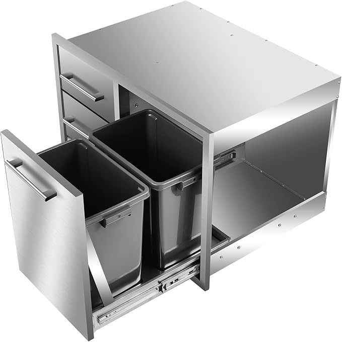 Outdoor Kitchen Drawer Combo, BBQ Access Trash Drawer Combo with Triple Stainless Steel Drawers(Left), Outdoor Kitchen for BBQ Island, Grilling Station, Outside Cabinet (28" W x 19.6“D x 20.1" H)