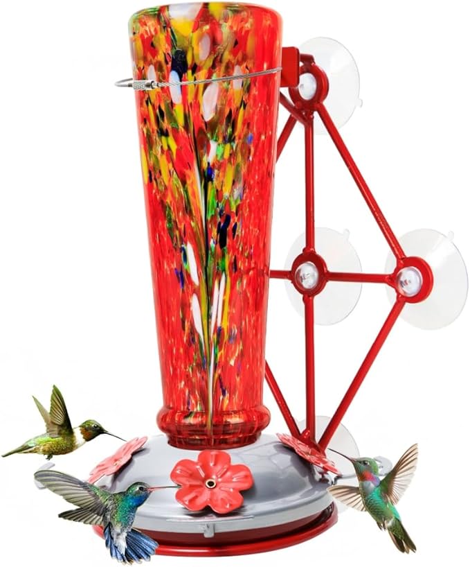 Window Hummingbird Feeder with 5 Strong Suction Cup 16 Ounces Colorful Hand-Blown Glass Hummingbird Feeder for Outdoor Patio Hanging Windows Mount (Red)