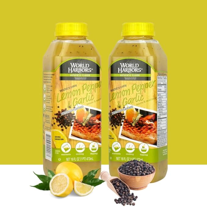 World Harbors Lemon Pepper Garlic Sauce & Marinade, Made in Maine, Ideal for Chicken Wings, Seafood, Grilled Meats, Salads, Stir-Fries, Sandwiches, Salads, Garnish Dipping Sauce 16 oz (Pack of 2)