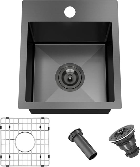 13x15 Inch Black Bar Sink Drop In Kitchen Sink, Topmount Stainless Steel Square Small Workstation Sinks, Single Bowl Kitchen Sinks for Laundry Wet Bar Prep RV Office Outdoor Yard,VALISY JB029B