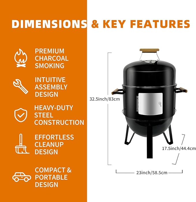 Realcook BBQ Charcoal Smoker Grill: Heavy Duty 17 Inch Vertical Meat Smokers - Porcelain-Enameled Charcoal Grill Smoker Combo for Outdoor Cooking Backyard Picnic Party Grilling