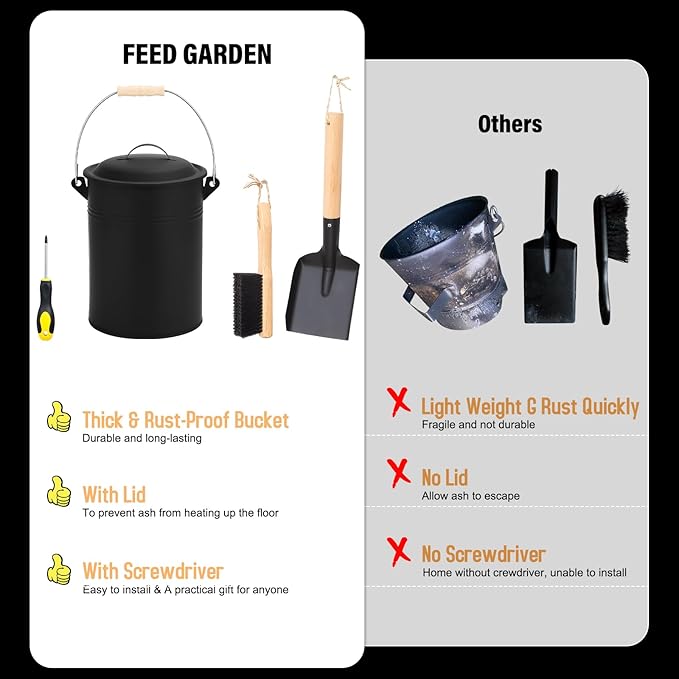 FEED GARDEN 2.5 Gallon Ash Bucket with Lid,Shovel,Broom and Screwdriver,Bucket Ash Can for Fireplace Fire Pits,Wood Stoves,Fireplace Galvanized Iron Bucket,Pellet Charcoal,Indoor Outdoor，Black