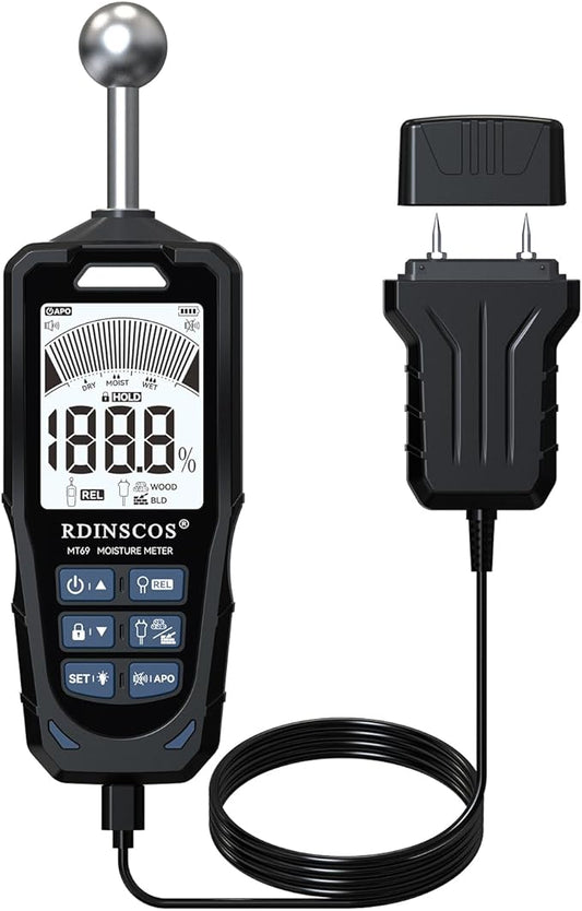 2-in-1 Pin & Pinless Moisture Meter, Digital Moisture Detector for Wood, Drywall & Building Materials, Large LCD Display, 3-Color Indicator, Calibration, Rechargeable Battery