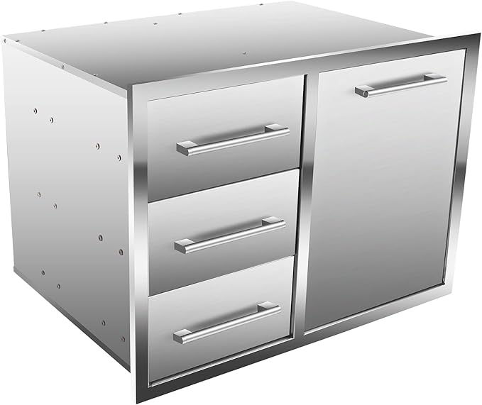 Outdoor Kitchen Drawer Combo, BBQ Access Trash Drawer Combo with Triple Stainless Steel Drawers(Left), Outdoor Kitchen for BBQ Island, Grilling Station, Outside Cabinet (28" W x 19.6“D x 20.1" H)
