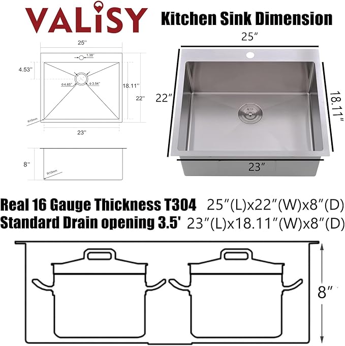 25 x 22 Inch Drop In Kitchen Sink, Topmount Stainless Steel Brushed Nickel Single Bowl Kitchen Sink, Extra-thick 16 Gauge For RV Laundry Utility with Dish Grid and Basket Strainer