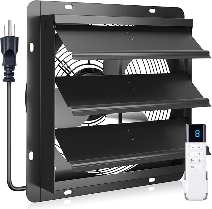 addlon 12 Shutter Exhaust Fan Wall Mounted with EC Motors and Remote Control, Timer, 8 Speeds, 1250CFM, Low Noise, Easy to Install, Plug in Ventilation Fan for Garages, Shops, Greenhouse, Attic