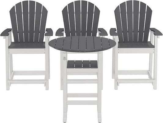 3 Counter Height Adirondack Chairs and 1 Bar Table, All Weather HDPE Patio Furniture, Wide Armrests, High Back, 400lb Capacity (White & Grey)