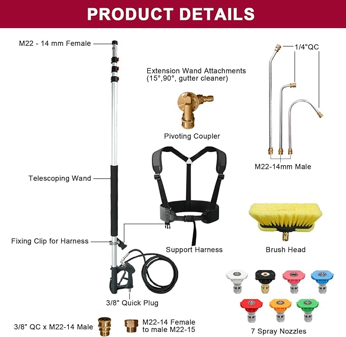 24 FT Telescoping Pressure Washer Wand with Pressure Washer Extension Wand,Brush Head,Gutter Cleaner Attachment and Support Belt,Pressure Washer Extension Pole for Wall Roof Gutter