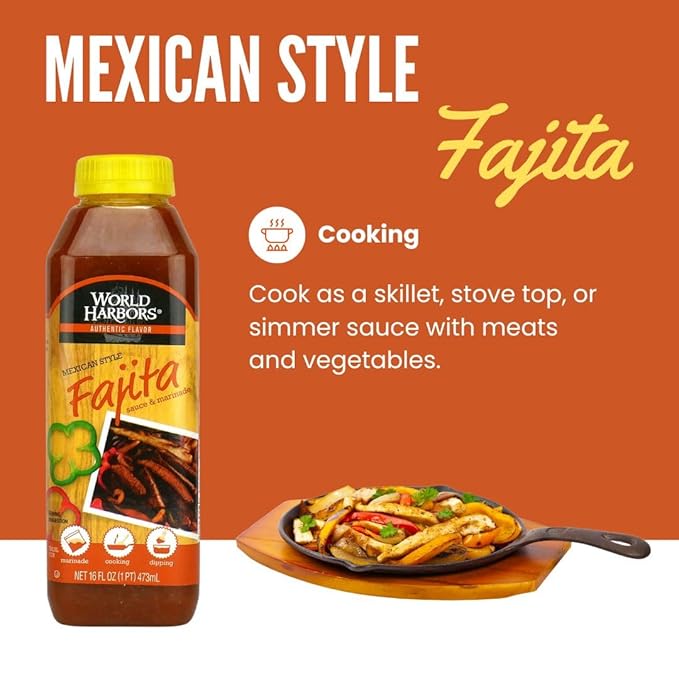 World Harbors Mexican Style Fajita Marinade Pure Mexican Flavors | Perfect for Fajita Meat, Fajita Chicken, and Fajita Veggies. Grill Master's Secret for Fajitas Made in USA 16-Fl Oz (Pack of 2)