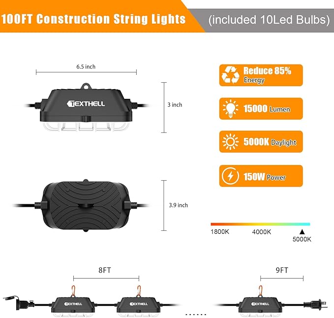 100FT LED Construction String Lights, 150W Super Bright 15000LM Plug in Linkable String Work Lights, 5000K Waterproof IP67 Temporary Lighting for Construction Sites, Jobsites, Indoor & Outdoor