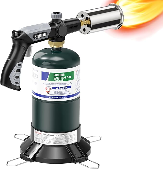 Sondiko Powerful Grill & Cooking Propane Torch L8010 with Gas Cylinder Stand Base, Sous Vide, Campfire Starter, Adjustable Wood Torch Burner for Searing Steak, BBQ, Welding (Propane Tank Not Included)