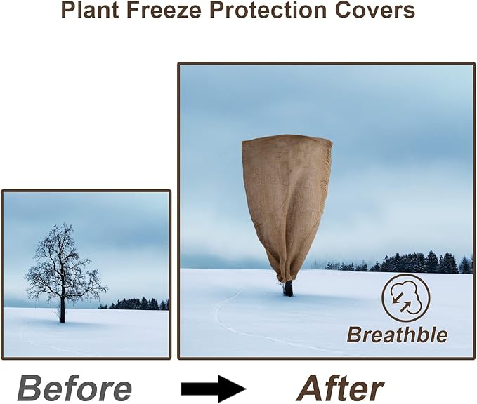 3 Pack 24'' x 40'' Reusable Warm Burlap Winter Plant Cover Bags with Drawstring Burlap Plant Covers Freeze Protection Large Plant Frost Cloth Cold Freeze Blanket Protecting Fruit Tree Potted Plants