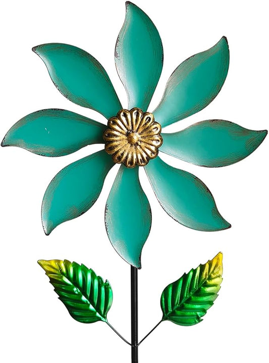 Metal Wind Spinners for Outdoor Decor - 35inch Tall Kinetic Wind Sculptures with 10inch Diameter, Durable Yard Art for Garden, Patio, Lawn - Weather-Resistant Garden Pinwheels in Vibrant Cyan