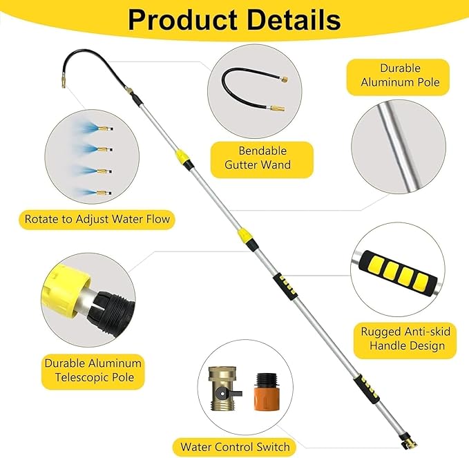 20FT Reach Gutter Cleaning Tools from Ground, Telescopic Rain Gutter Cleaners Tool with Quick Connect Adapter and Bendable Wand for 2nd Story House